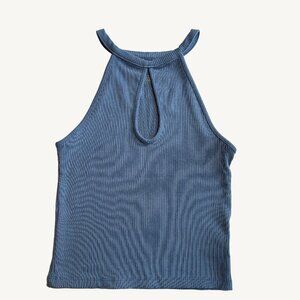 American Eagle Ribbed Cropped Blue Tank Top with Chest Keyhole Size Small